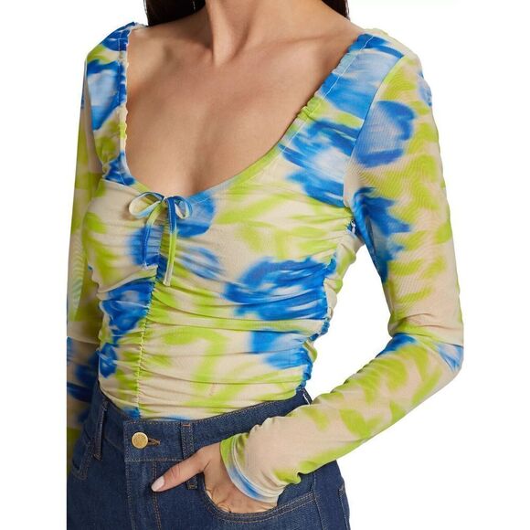 Ganni  Floral Mesh Scoop-Neck Top Blouse Ruched  40 US 8 - Picture 5 of 5